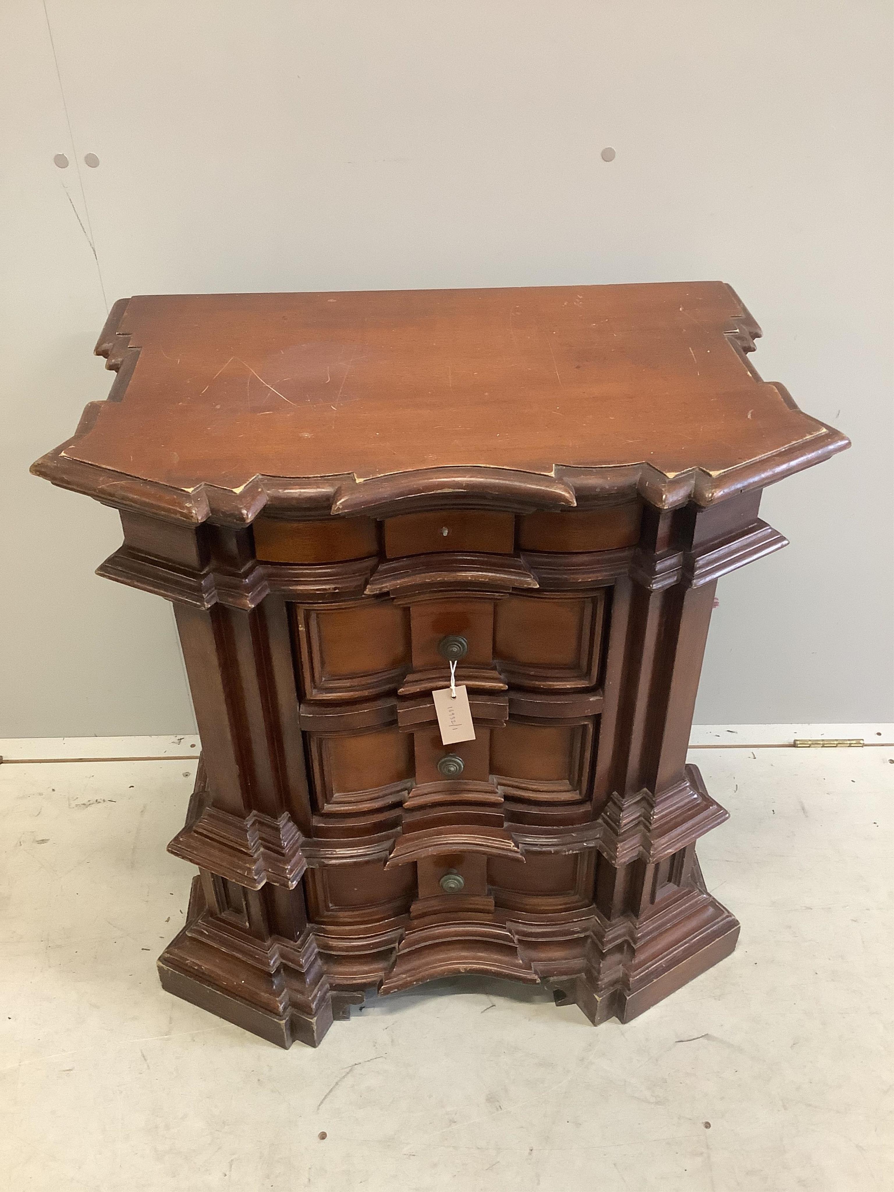 A reproduction 18th century style Tuscan walnut commode, width 72cm, depth 44cm, height 77cm. Condition - fair, top scratched